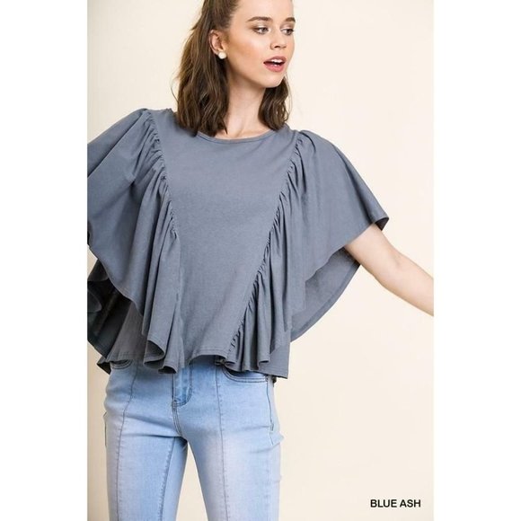 Umgee Tops - Umgee NWT Blue Ash Short Ruffle Dolman Sleeve Round Neck Top SIZE L
